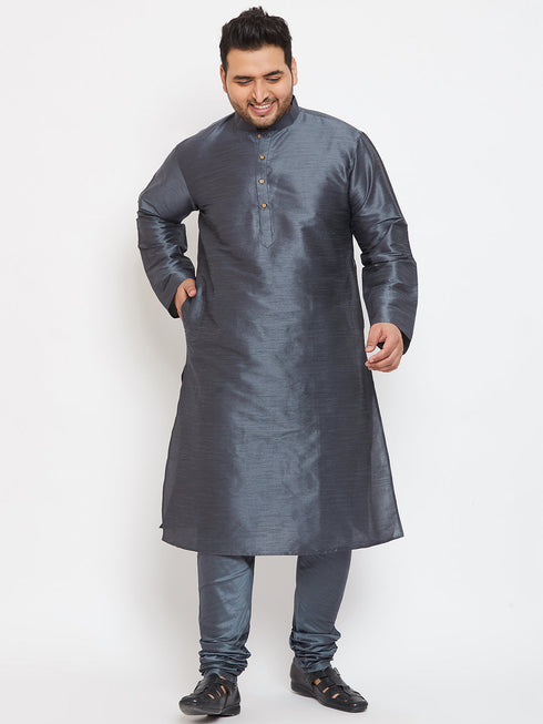 Vastramay Men's Plus Size Grey Silk Blend Kurta Pyjama Set